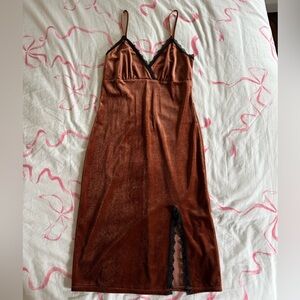 Forever 21 Copper Velvet Slip Dress with Black Lace Trim